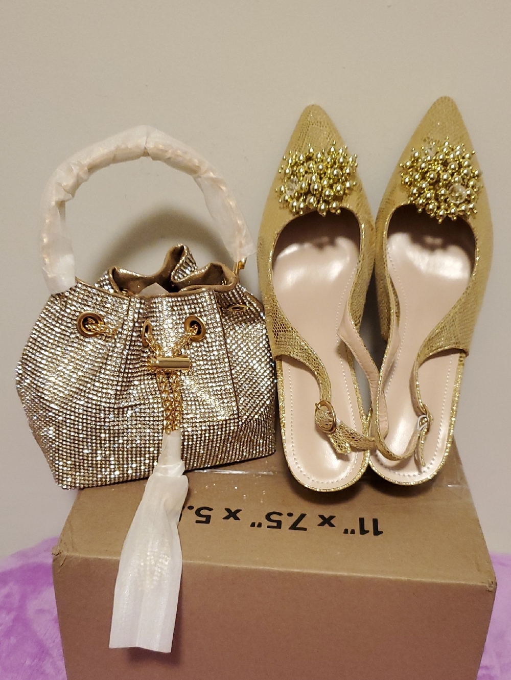 PrettyLittleThing Gold Crystal Embellished Mini Bucket Bag